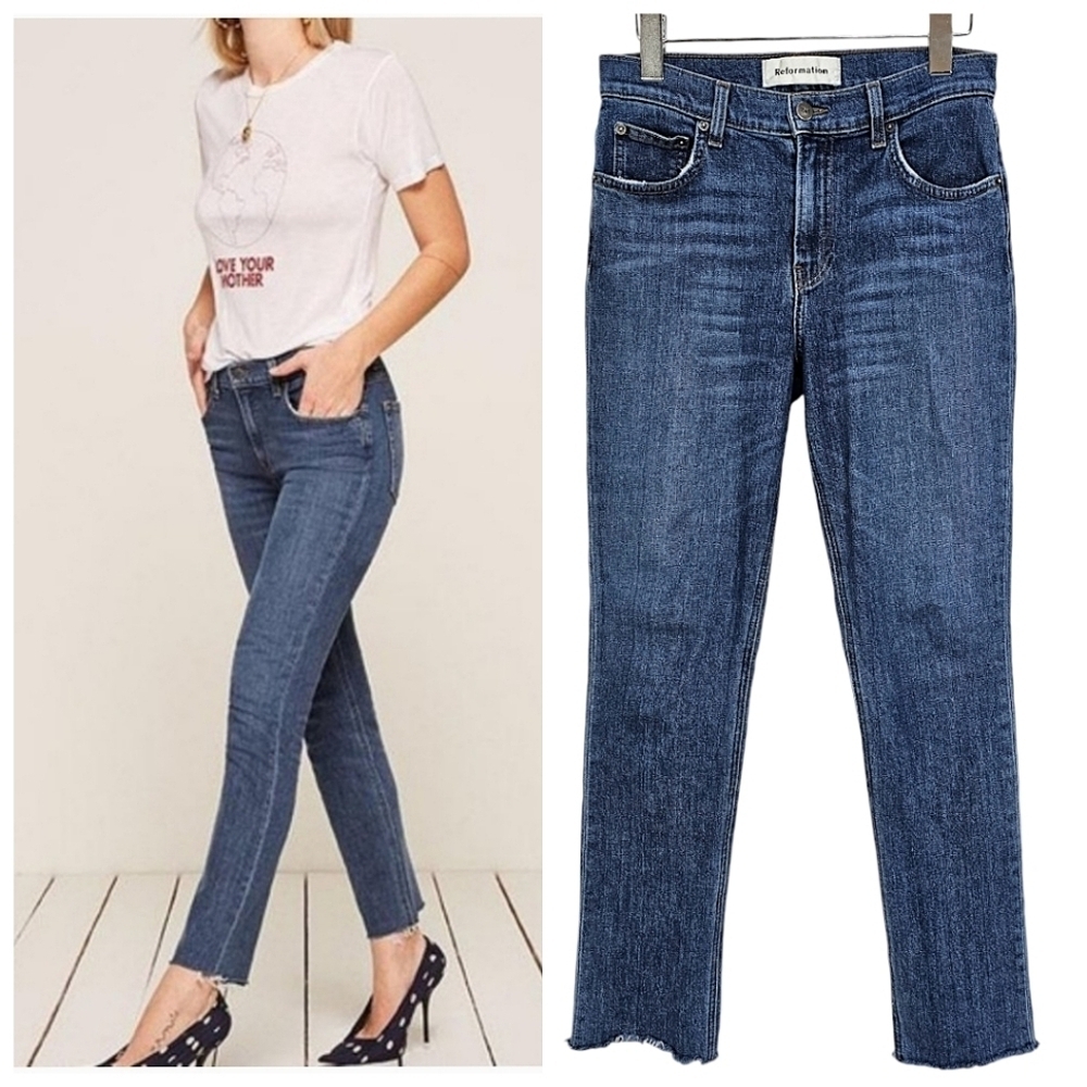 Reformation Jeans Denim Size 27 Mid-Rise Slim Raw Frayed Hem Ankle Medium Wash